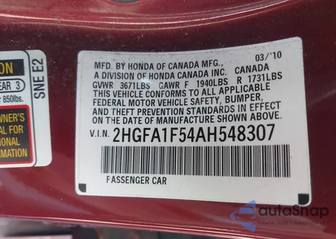 2010 Honda Civic Lx z USA, uszkodzony, nr VIN 2HGFA1F54AH548307